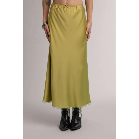 Olive green satin midi skirt with lace trim hem and elastic waistband