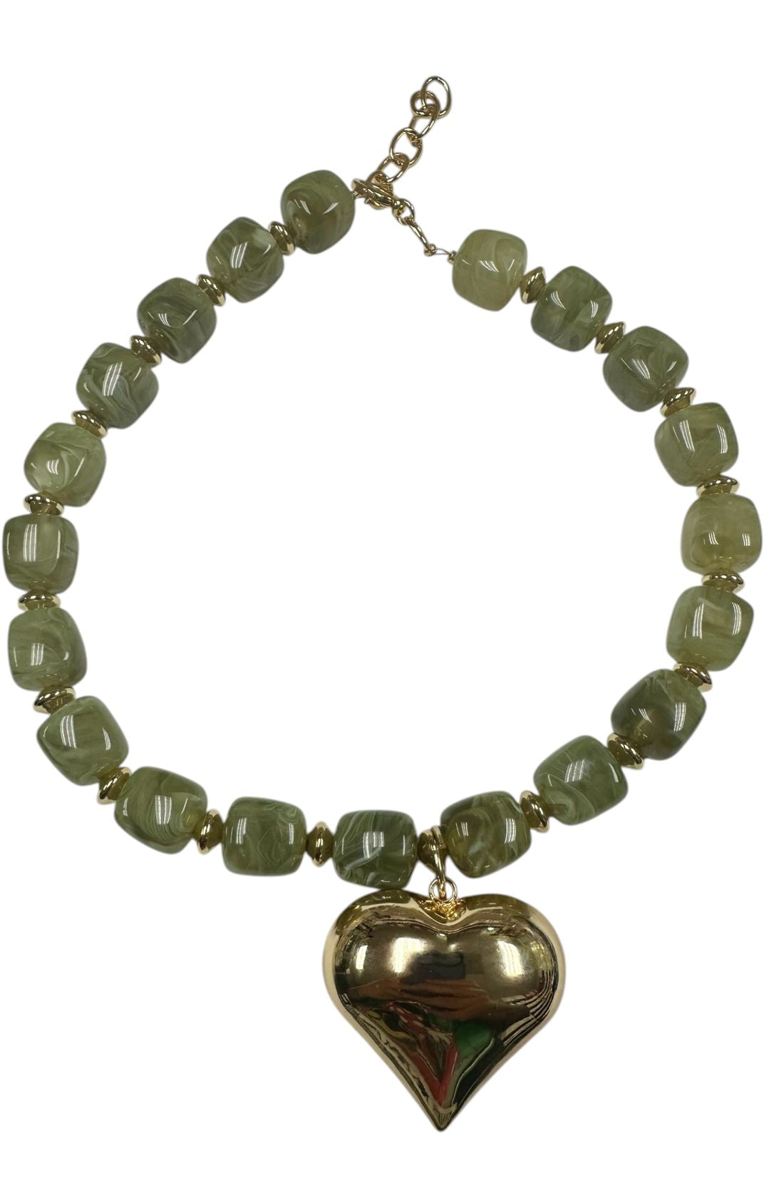 Chunky olive green beaded necklace with gold spacers and large puffy gold heart pendant