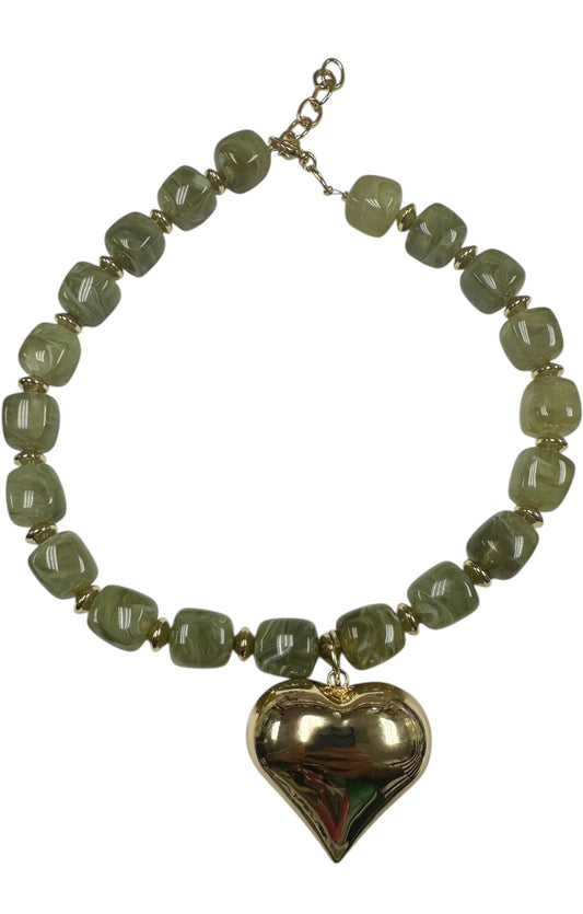Chunky olive green beaded necklace with gold spacers and large puffy gold heart pendant