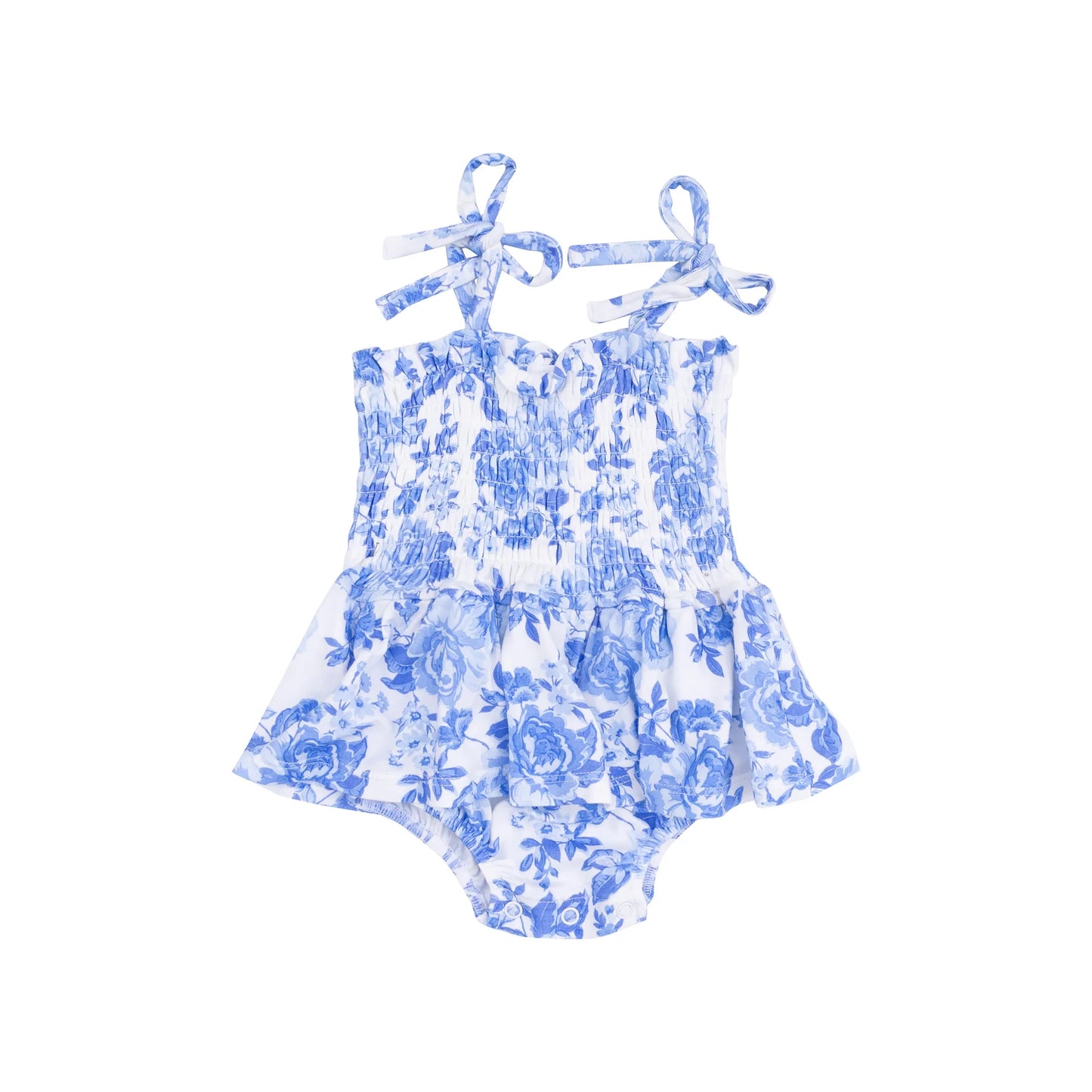 SMOCKED BUBBLE WITH SKIRT X ROSES IN BLUE