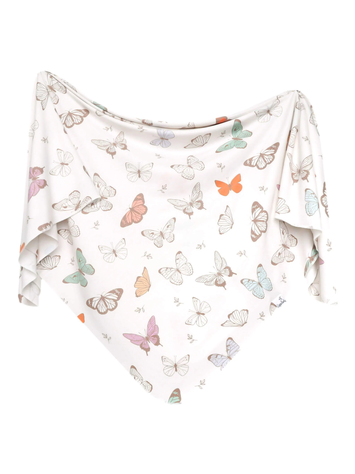 Soft white swaddle blanket with colorful pastel butterfly print scattered throughout