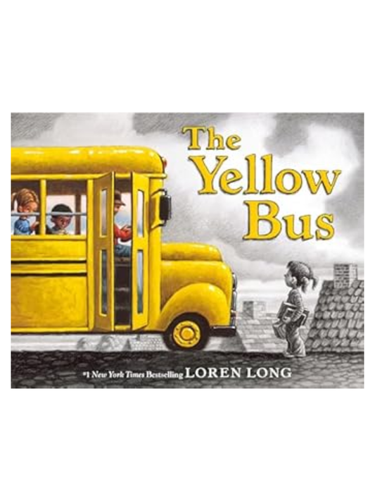 Children's picture book cover featuring a bright yellow school bus and a child standing outside