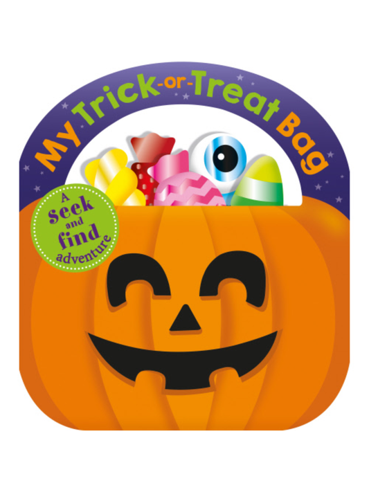 Halloween jack-o-lantern shaped board book with candy and seek and find theme