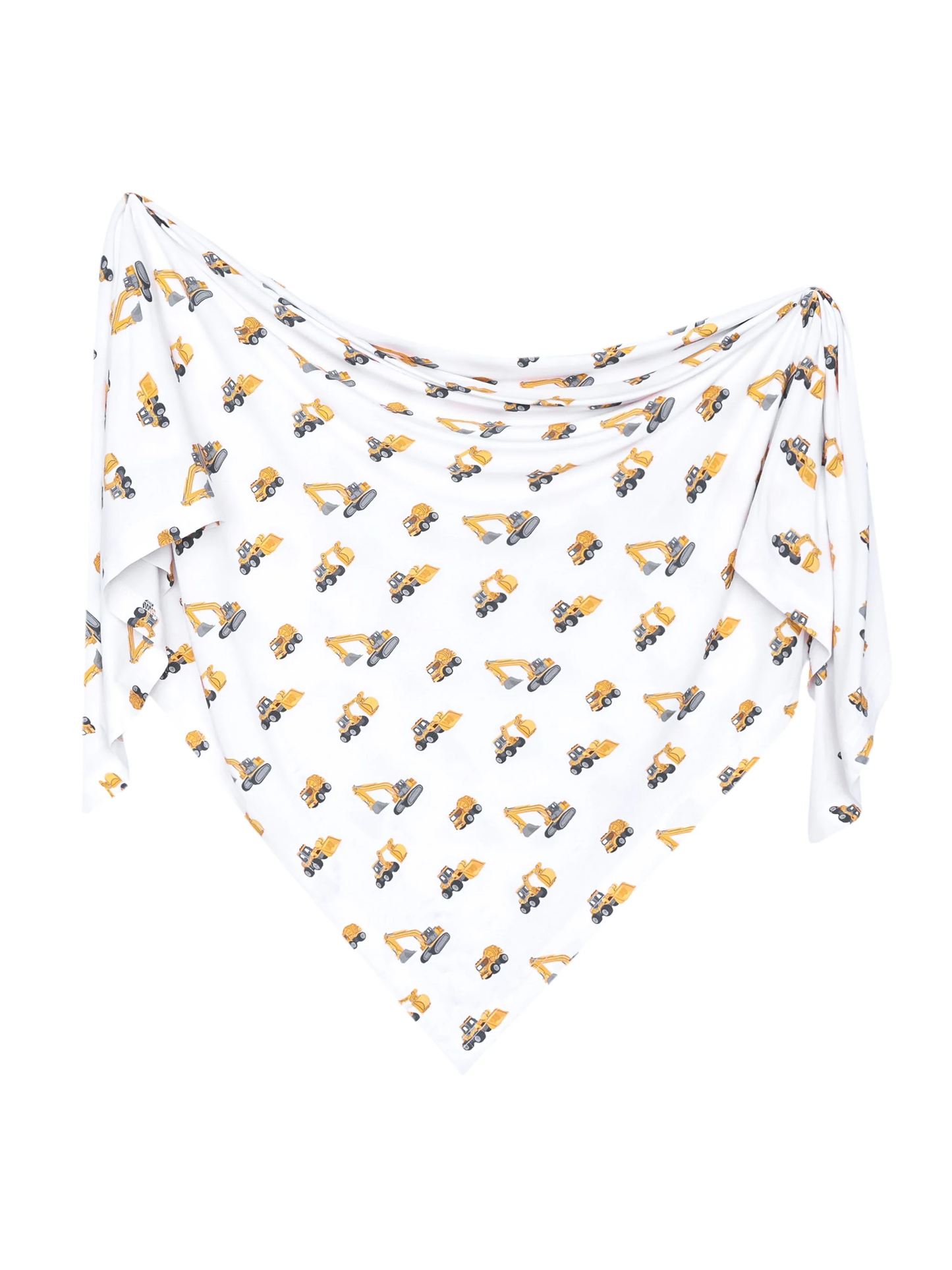 White bamboo swaddle blanket with yellow construction excavator and truck print