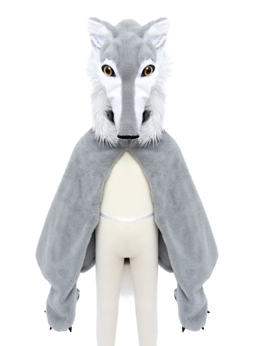 Gray plush wolf cape with matching wolf head mask and claw gloves on mannequin