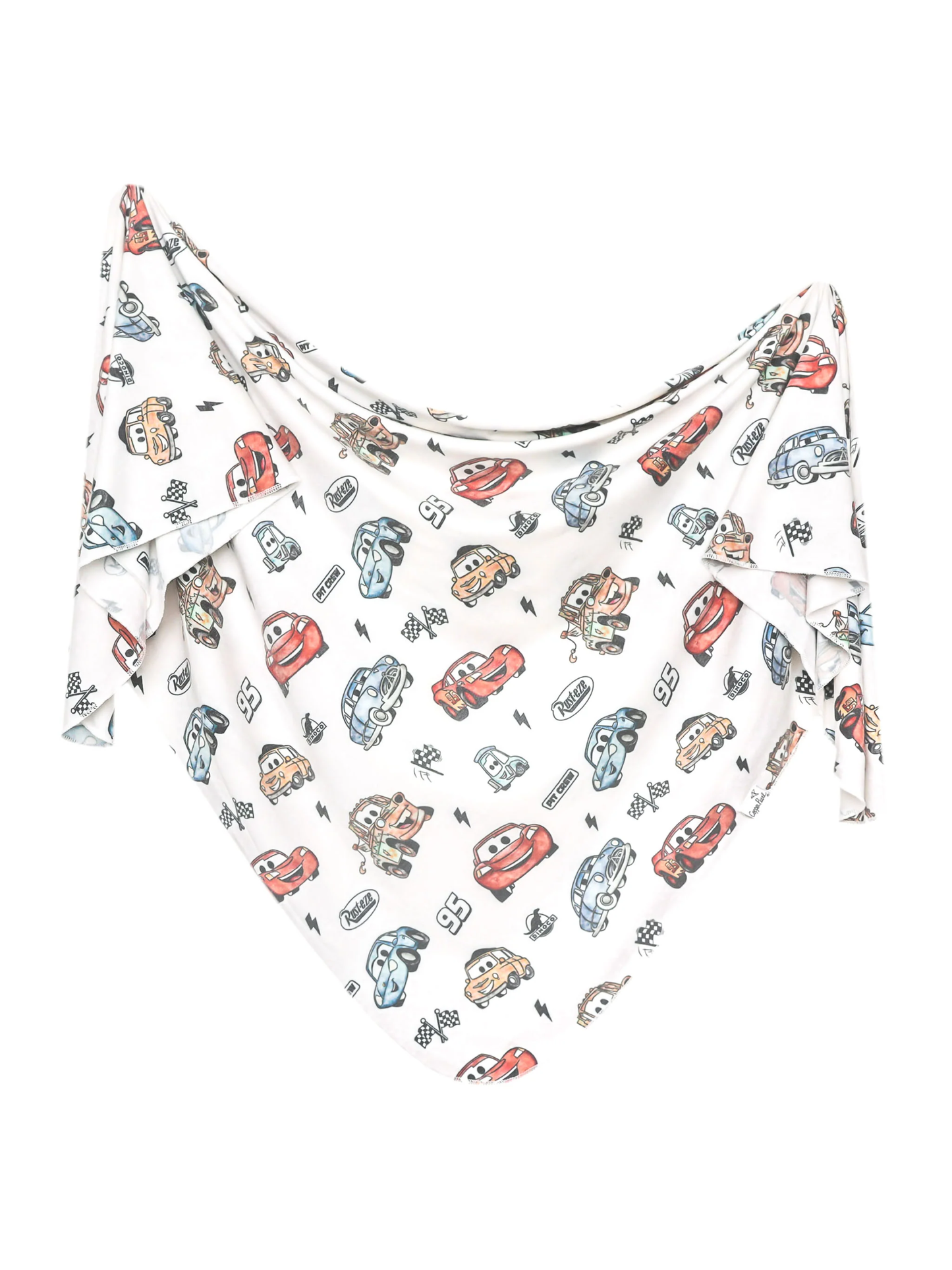 White swaddle blanket with Disney Pixar Cars characters and racing flag print