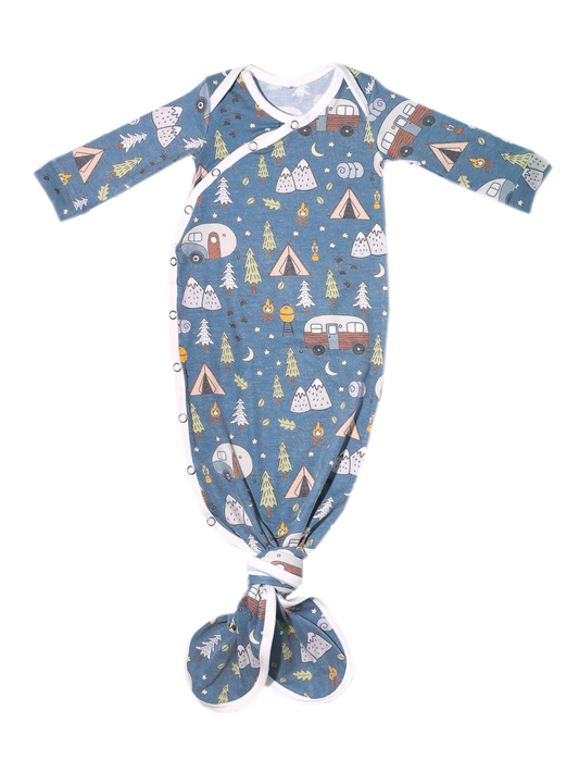 Copper Pearl Bridger blue knotted newborn gown with camping print pattern