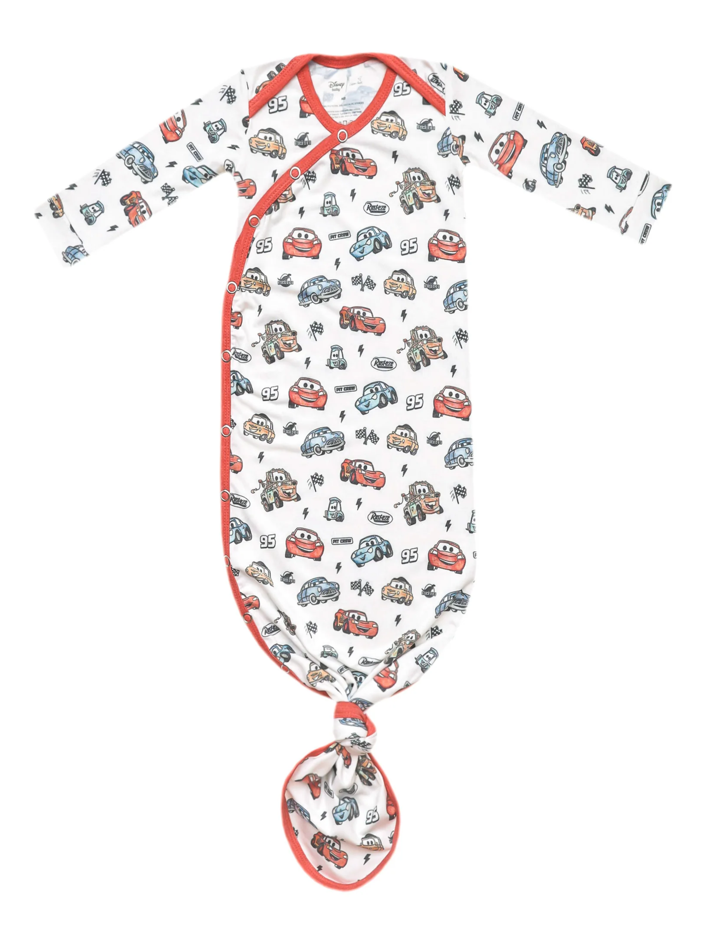 White long-sleeve baby knotted gown with Disney Pixar Cars character print and red trim