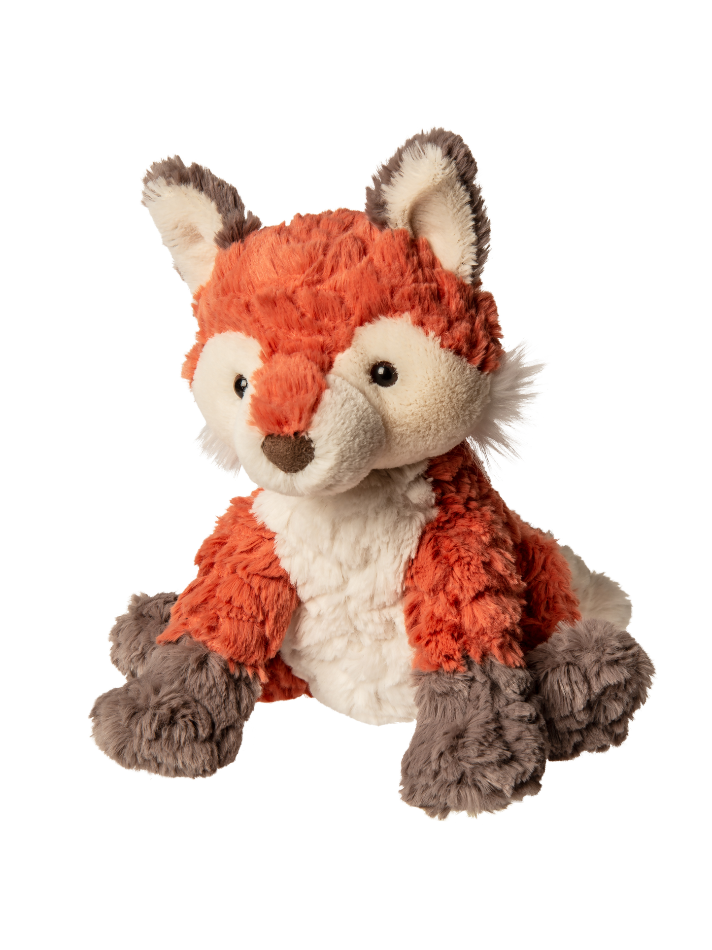 Plush fox stuffed animal in coral orange and cream with gray paws and ears