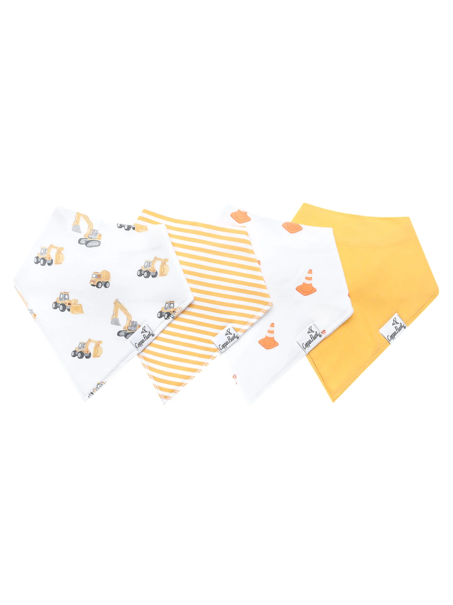 Copper Pearl Dozer bandana bibs 4-pack: construction trucks, stripes, traffic cones, solid yellow