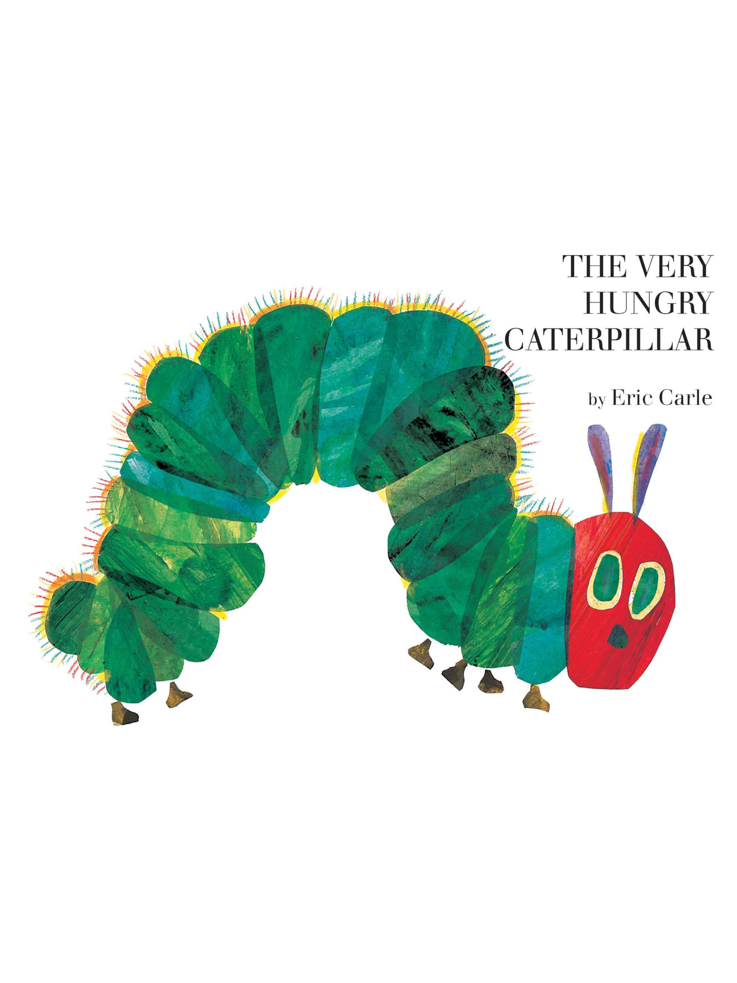 Children's board book cover featuring a colorful illustrated green caterpillar with red head