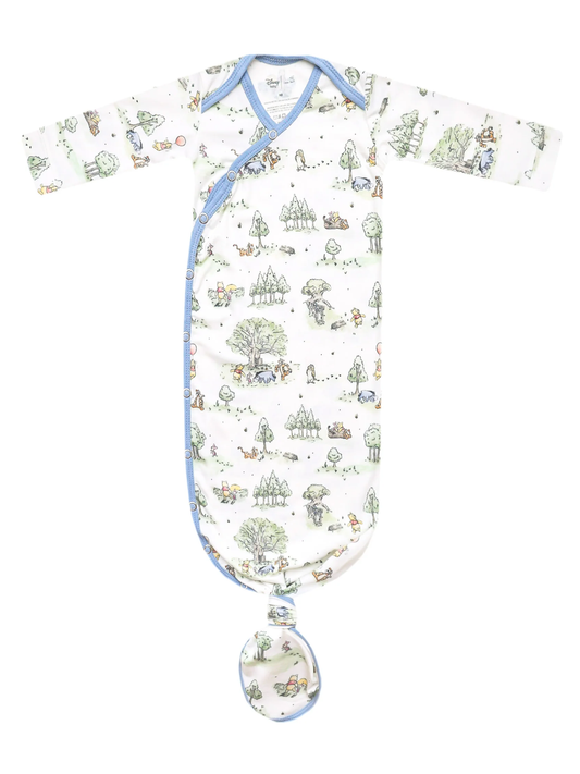 Copper Pearl newborn knotted gown, white with blue trim, Winnie the Pooh forest print