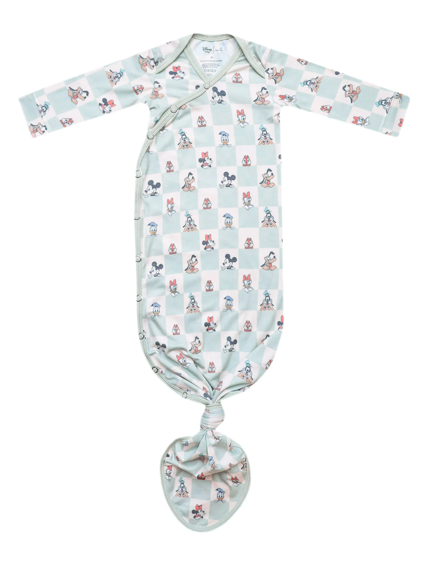 Mint checkered baby knotted gown with Disney Mickey Mouse and friends print