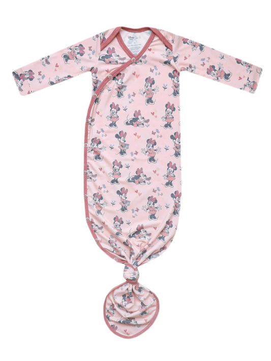 Pink Minnie Mouse print newborn knotted sleep gown with long sleeves and snap closure