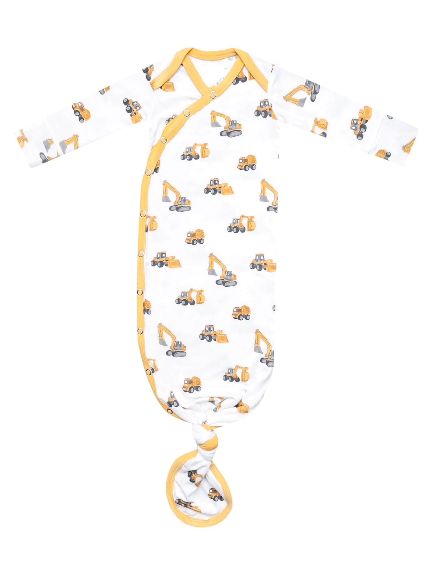 White knotted newborn gown with yellow construction vehicle print and snap closure