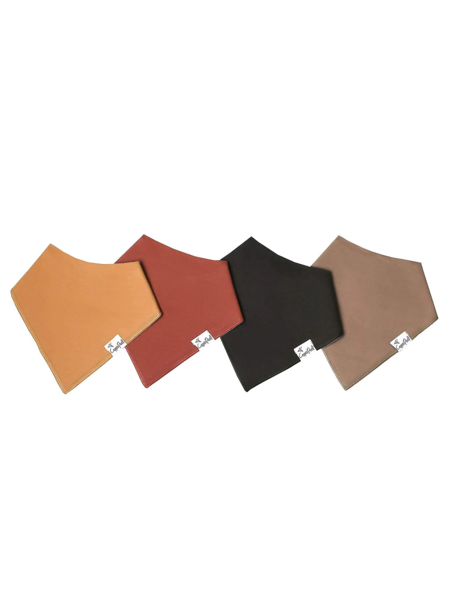 Copper Pearl bandana bibs in four earth tones: amber, rust, black, and taupe