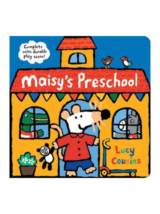 Colorful board book cover featuring a cartoon mouse holding a panda toy outside a school