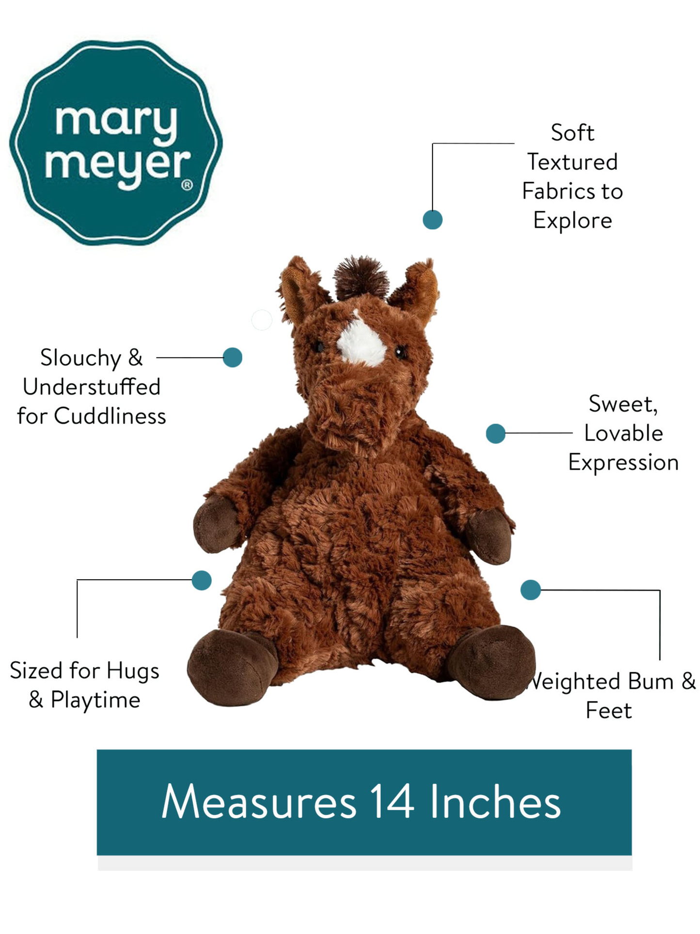 Brown plush pony stuffed animal, 14 inches, slouchy and understuffed with weighted bum and feet