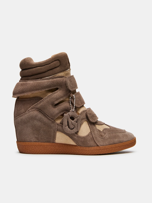 STEVE MADDEN MAVIS HIGH-TOP VELCRO WEDGE SNEAKER X TAUPE SUEDE