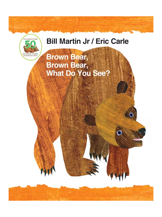 Children's board book cover featuring a collage-style brown bear illustration on white background
