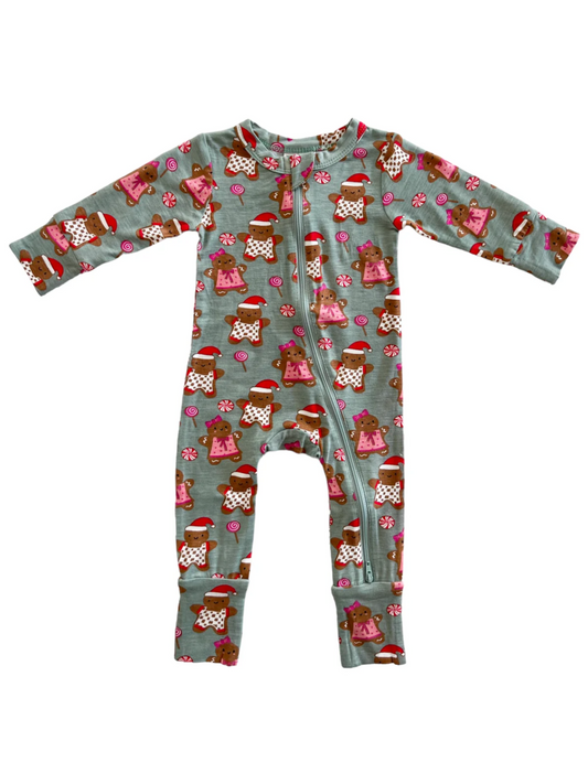 2-WAY CONVERTIBLE ZIP FOOTIE X GINGERBREAD FRIENDS GREEN
