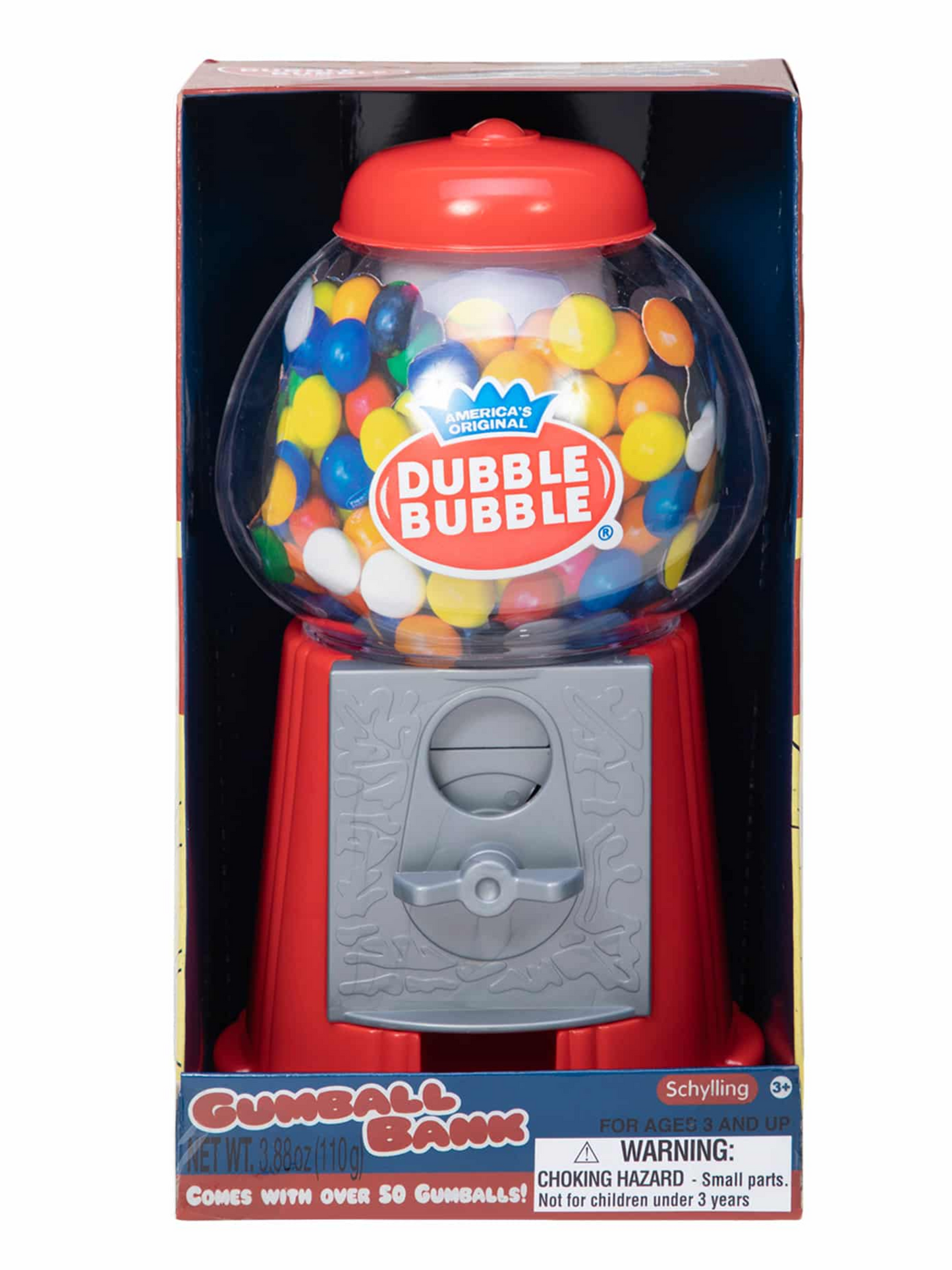 Red plastic gumball bank machine filled with colorful gumballs in retail box