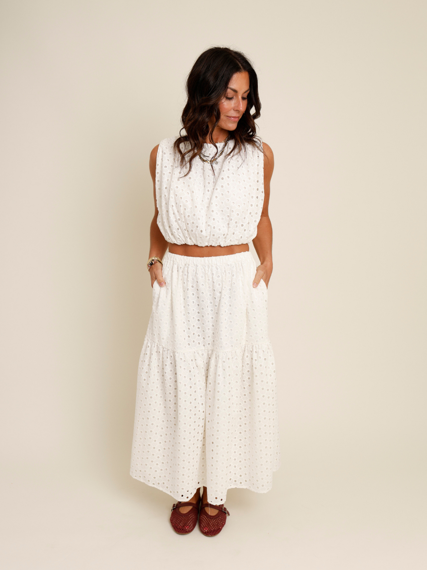 ASTR THE LABEL NALLEY EYELET MIDI SKIRT