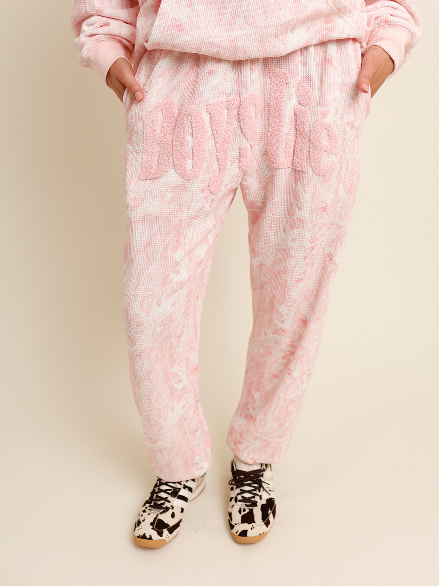 Pink camo "boys lie" waffle sweatpants