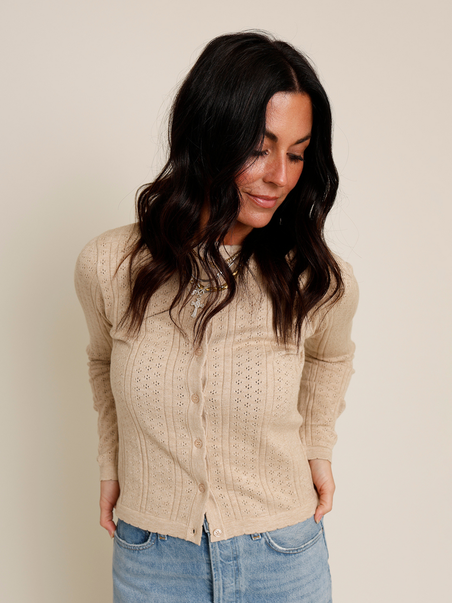 tan button front fitted cardigan