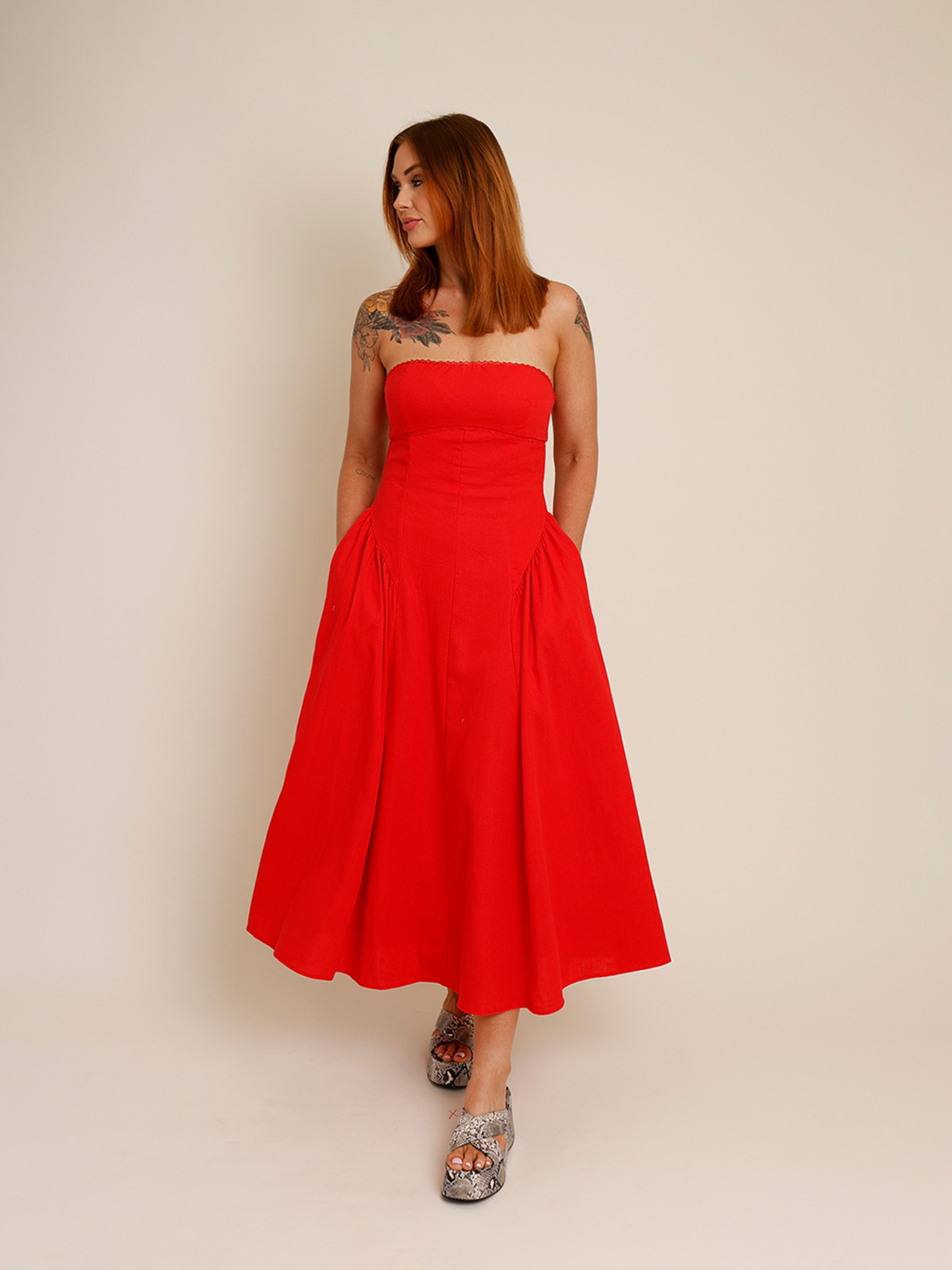 strapless red drop waste midi dress