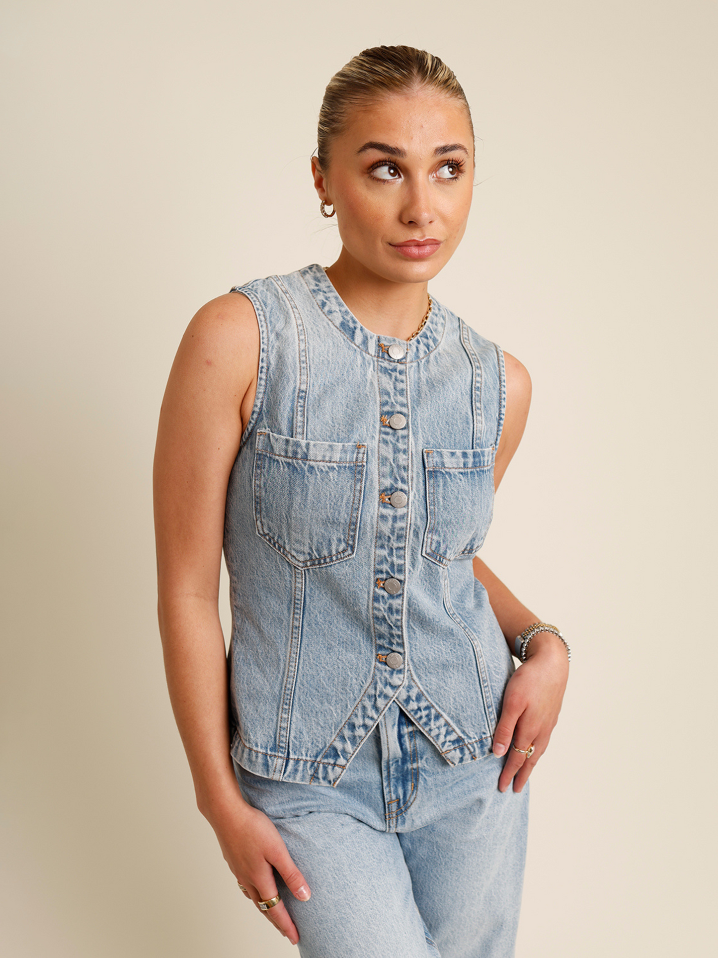 light washed denim button up vest
