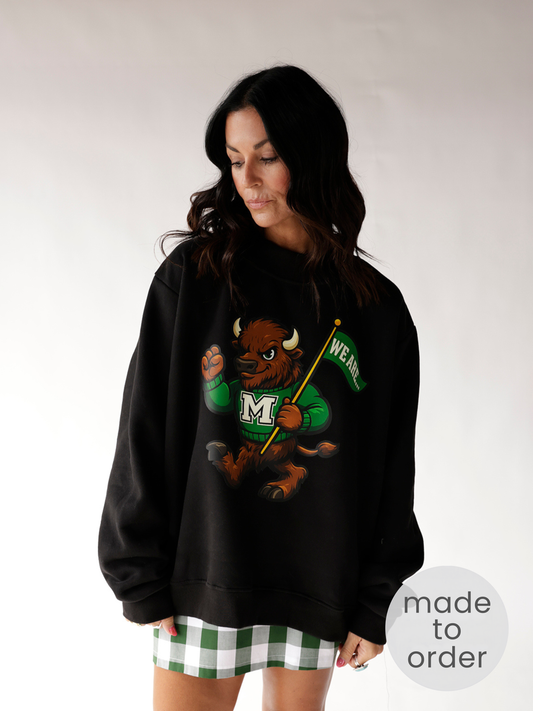 Black oversized mock neck sweatshirt with buffalo mascot graphic holding green flag