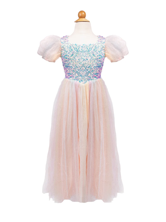 Girls' pastel pink tulle dress with iridescent sequin bodice and puff sleeves