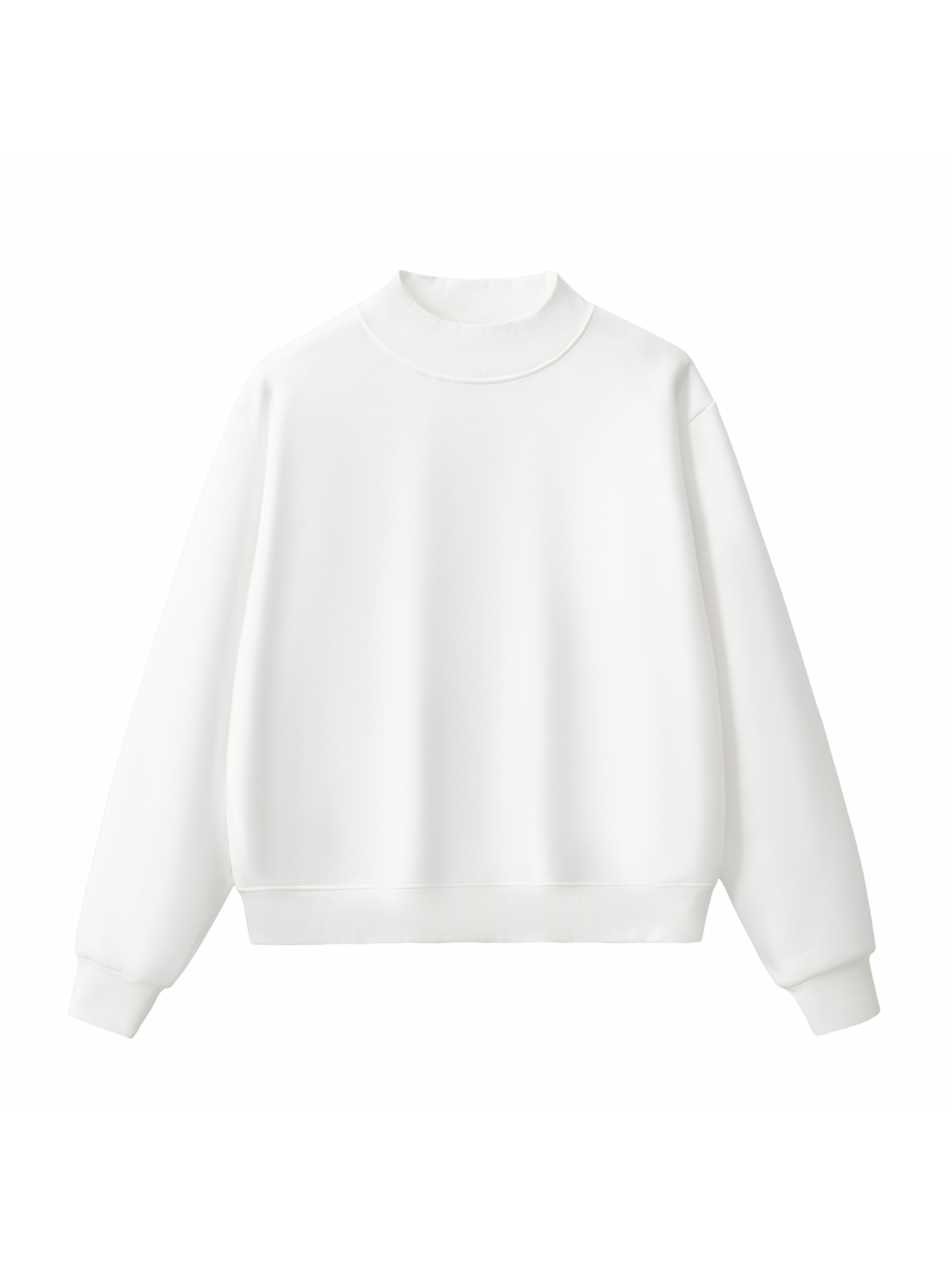 White mock neck sweatshirt with long sleeves and ribbed cuffs and hem.