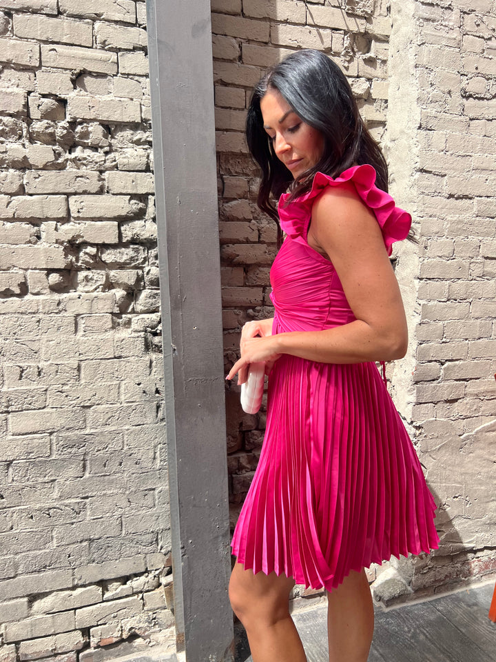 pink pleated cocktail dress