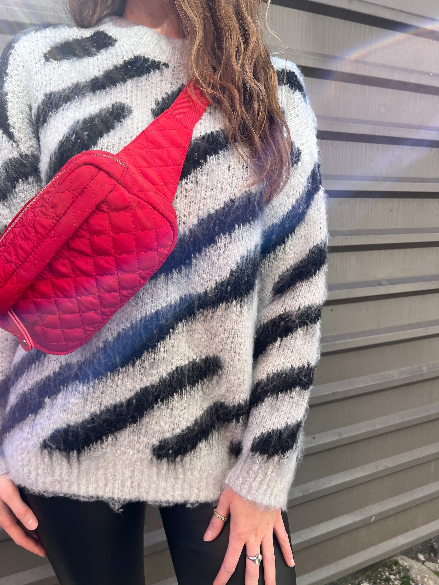 GRAY AND BLACK FUZZY ZEBRA PRINT SWEATER - THE HIP EAGLE BOUTIQUE