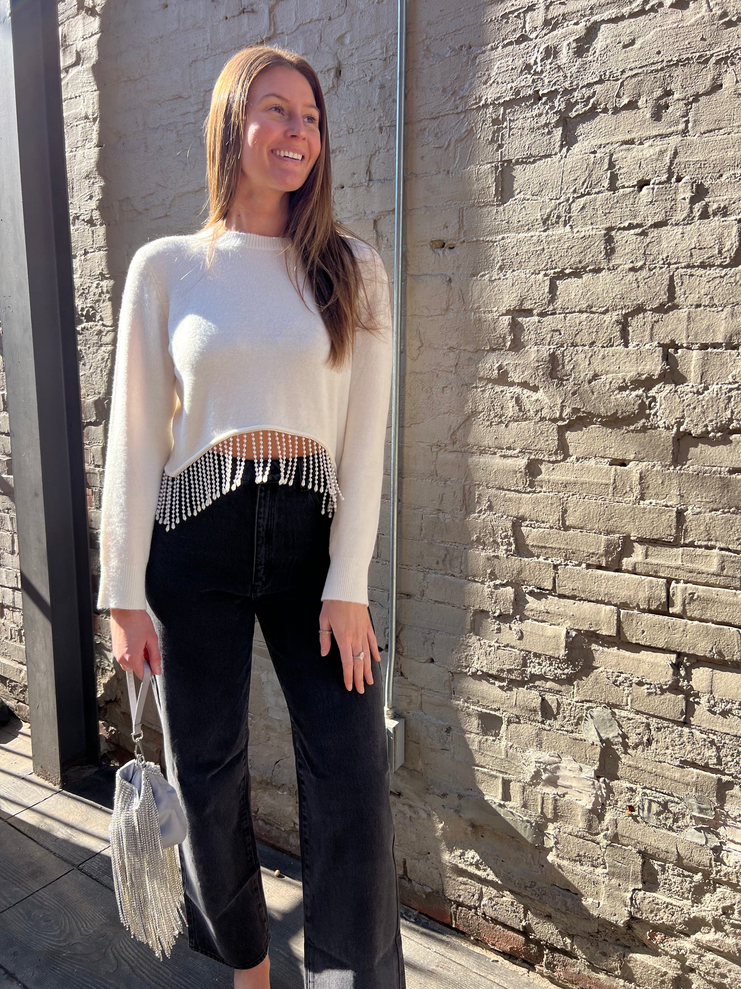 LINE & DOT WHITE PEARL HEM SWEATER - THE HIP EAGLE BOUTIQUE