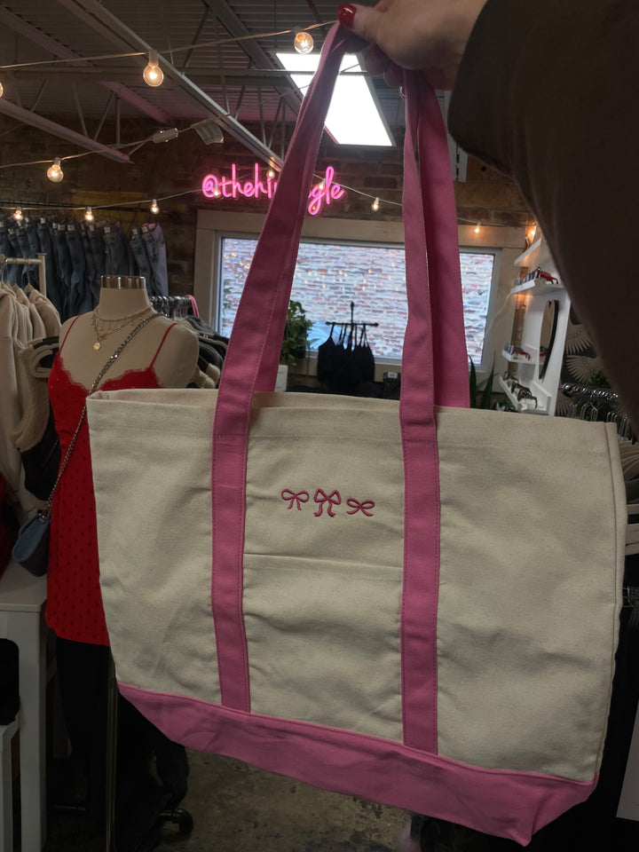 pink embroidered canvas tote bag