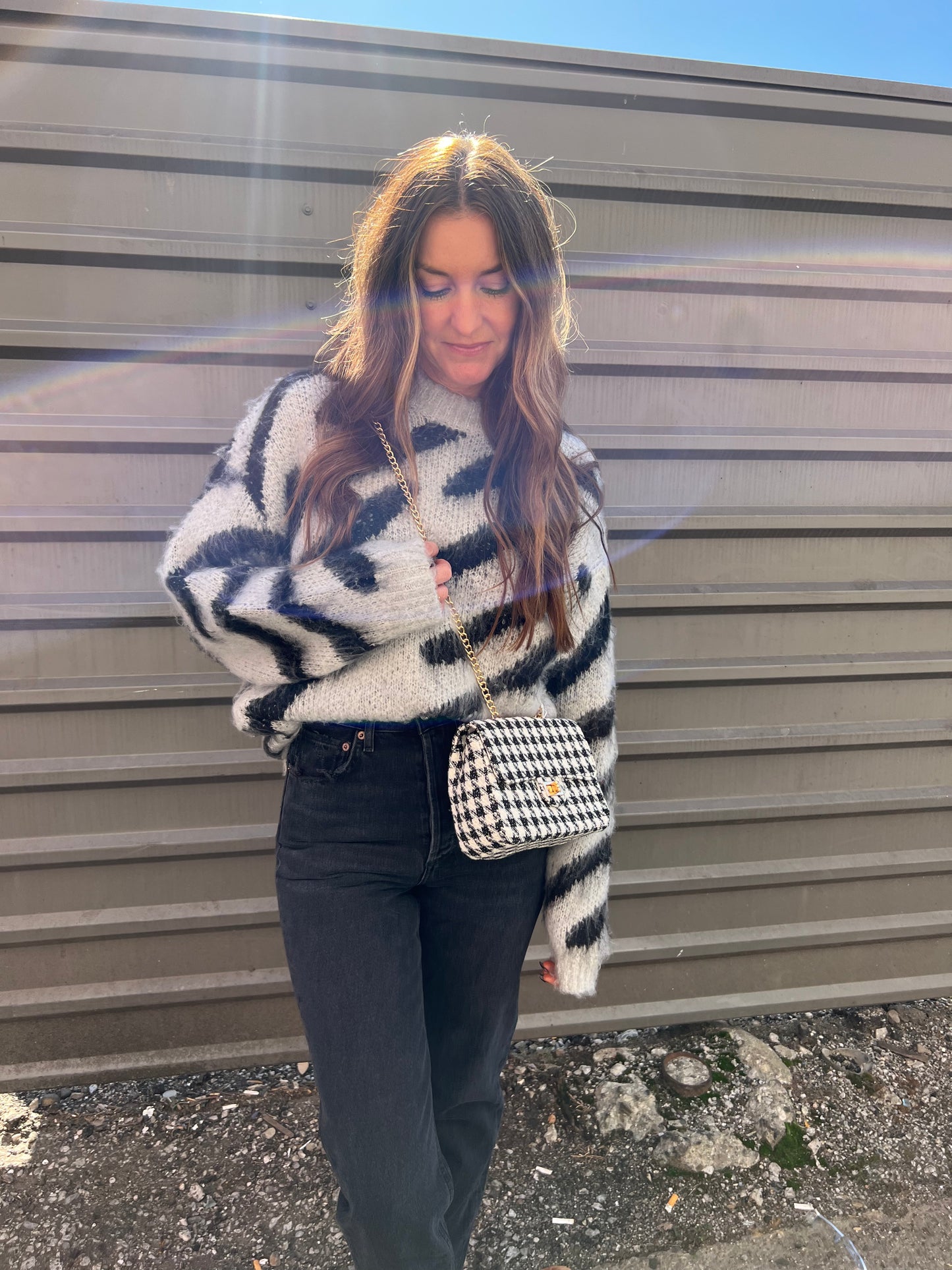 GRAY AND BLACK FUZZY ZEBRA PRINT SWEATER - THE HIP EAGLE BOUTIQUE