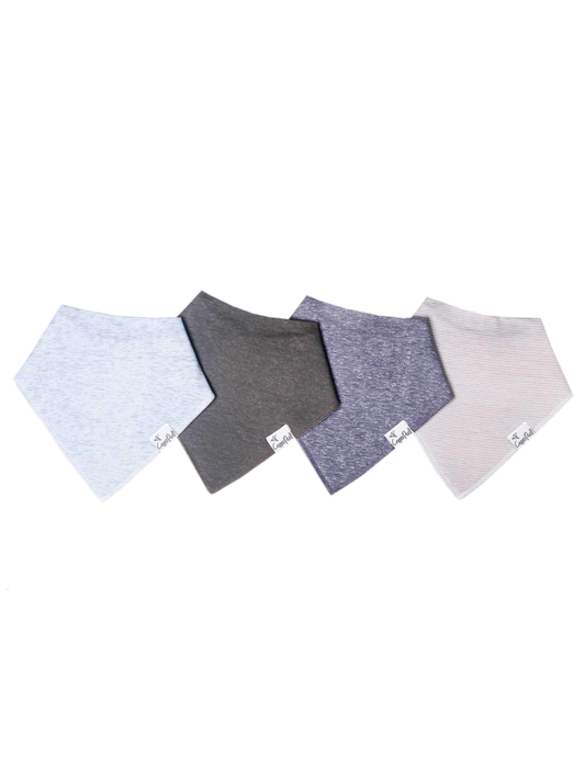 Copper Pearl Lennon bandana bibs set of 4 in gray, charcoal, navy, and cream