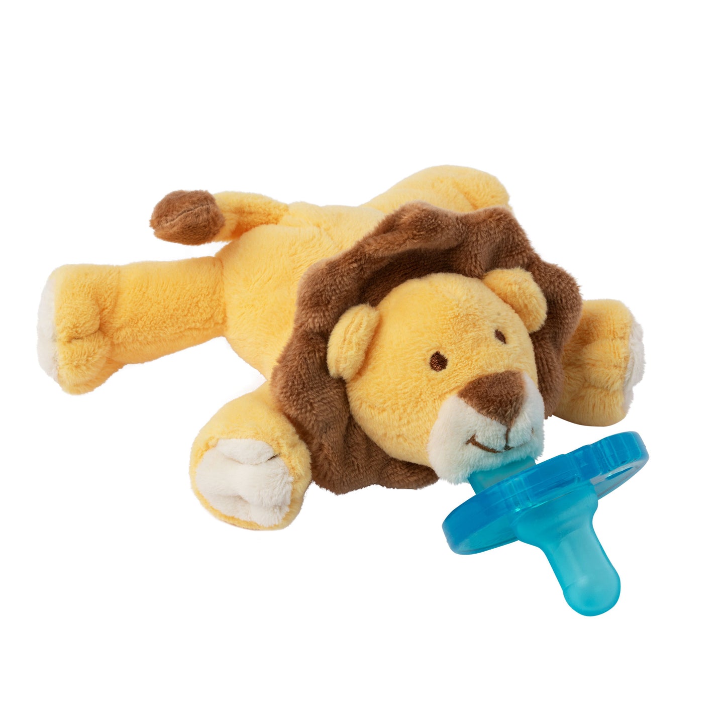 Yellow plush lion stuffed animal with attached blue baby pacifier