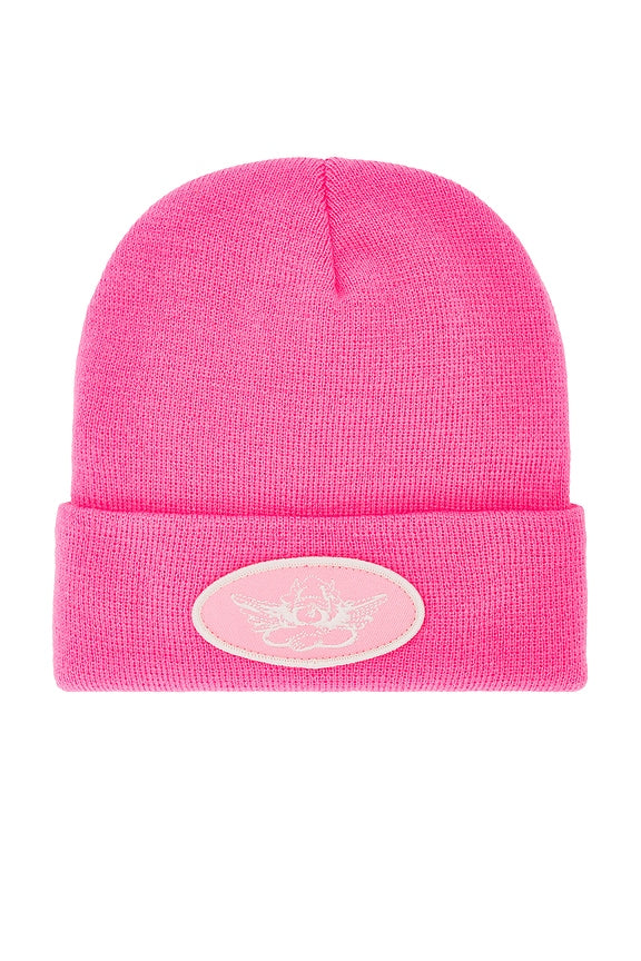 Neon pink knit beanie with folded cuff and oval logo patch