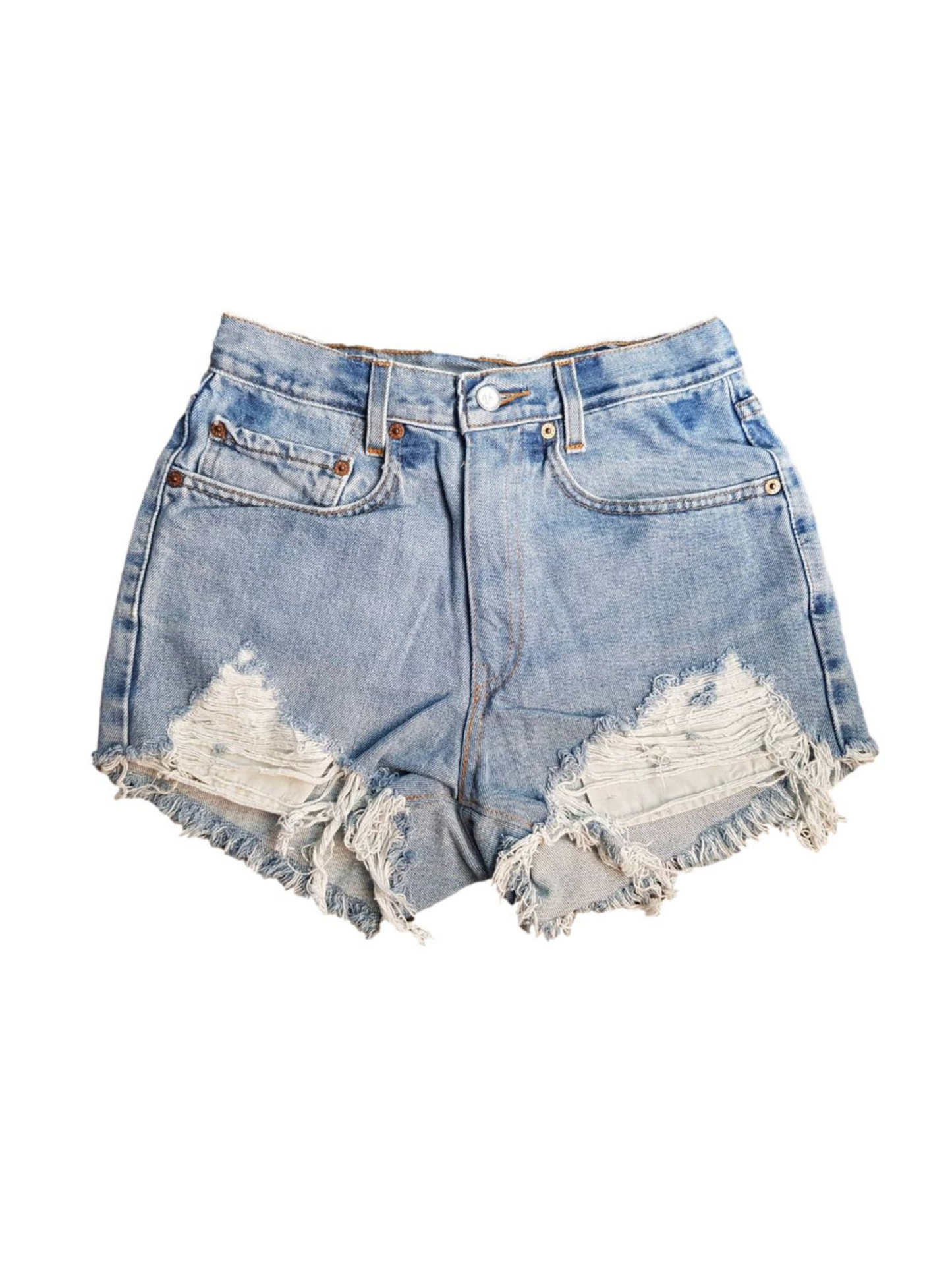 LEVI'S HIGH RISE UPCYCLED DENIM FRAYED CUTOFF SHORTS