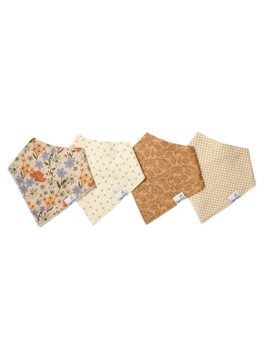 Copper Pearl Eden bandana bibs set of 4 floral houndstooth tan patterns