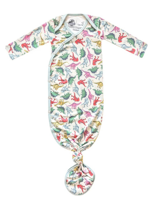 Copper Pearl newborn knotted gown with colorful Jurassic Park dinosaur print, tied bottom