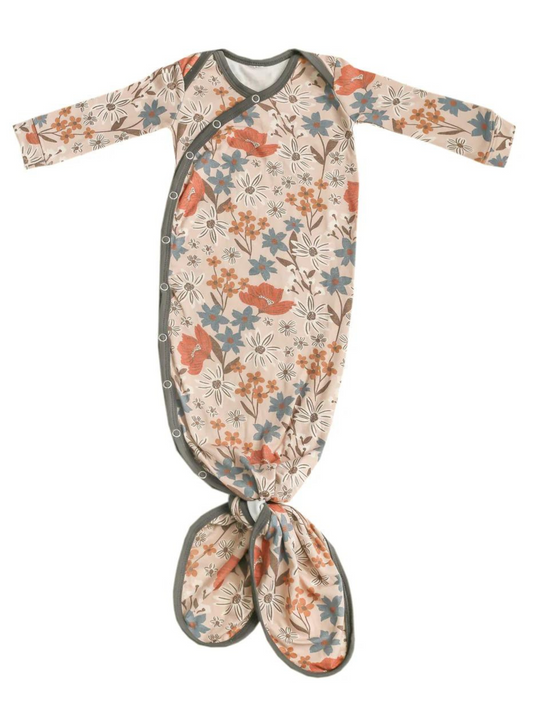 Copper Pearl Eden floral knotted baby gown, blush pink with long sleeves