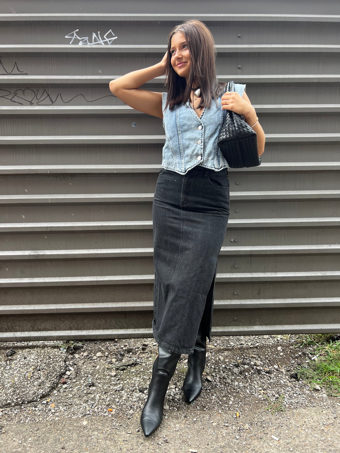 LOGAN BLACK DENIM MIDI SKIRT - THE HIP EAGLE BOUTIQUE