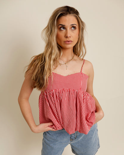 THAT'S MY JAM RED GINGHAM BUBBLE HEM TOP