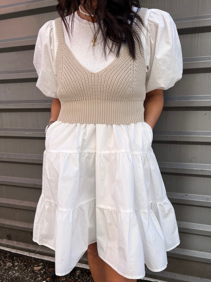 white flare dress and puff sleeves