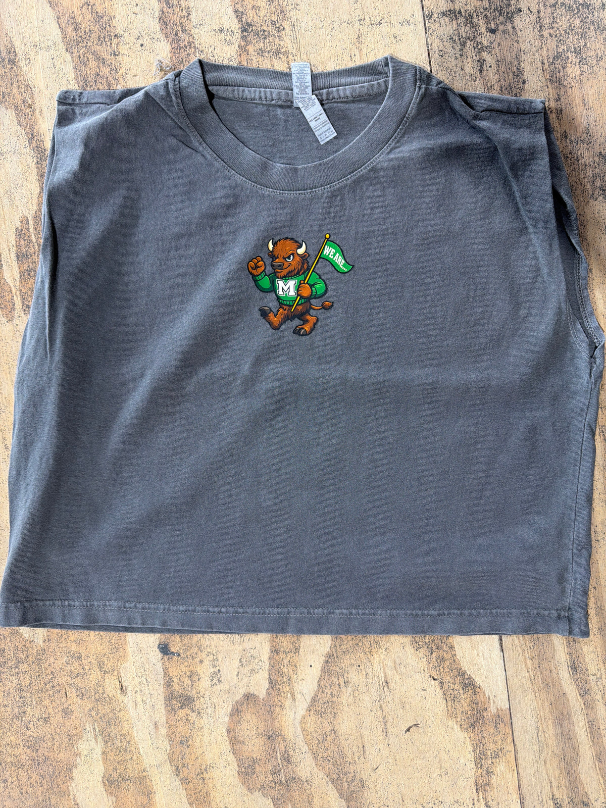 Vintage black muscle tee with Marshall University bison mascot graphic holding We Are flag